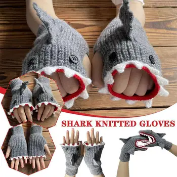 1 Пара вязаных перчаток с 3D мультяшной акулой для взрослых, теплые вязаные перчатки на половину пальца, осенне-зимние теплые перчатки-новинки, Рождественские Подарки