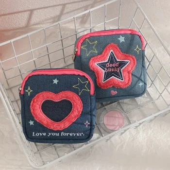 1 шт. Мини-портативный кошелек для монет, сумка для хранения наушников Love Star в американском стиле, квадратные гигиенические салфетки цвета джинсовой ткани Kawaii, сумки для гигиенических салфеток