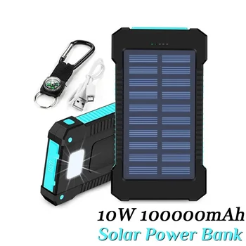 100000 мАч 10 Вт Солнечный аккумулятор Портативный мобильный источник питания для кемпинга Наружное зарядное устройство для телефона Освещение для альпинизма со светодиодной подсветкой