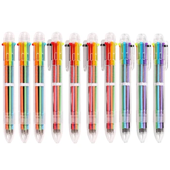 10шт Канцелярских принадлежностей 6-цветная Шариковая ручка Прозрачная полоска Многофункциональная Масляная ручка цвета Push Rainbow Школьная ручка для письма