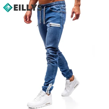 2022 Мужские Обтягивающие рваные джинсы, Модные синие джинсовые брюки, мужские облегающие повседневные джинсовые брюки-карандаш, мужские брюки для бега на шнурке.