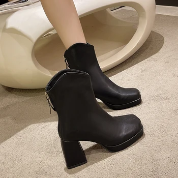 2023 Зимние женские ботильоны большого размера на молнии сзади для женщин С квадратным носком Женская обувь на квадратном каблуке Женские ботинки на высоком каблуке