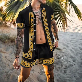 2023 Новая летняя пляжная мода, Гавайская повседневная футболка с 3D принтом, шорты из двух предметов, мужская рубашка с коротким рукавом, костюм, мужская одежда