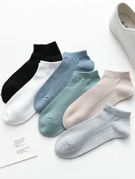 5 Пар однотонных носков до щиколотки для девочек, большие размеры, Летние дышащие носки с глубоким вырезом, мужская основа, хлопковые Милые короткие носки для женщин