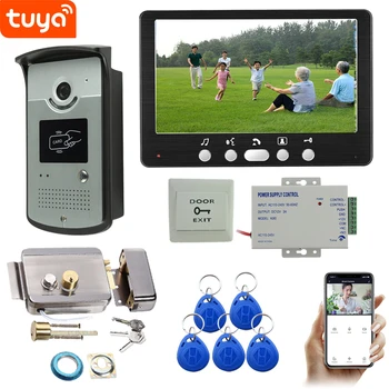 7-дюймовая интеллектуальная система видеодомофона Tuya Wifi с 1 монитором и камерой дверного звонка и 1 набором замков для разблокировки телефонного приложения