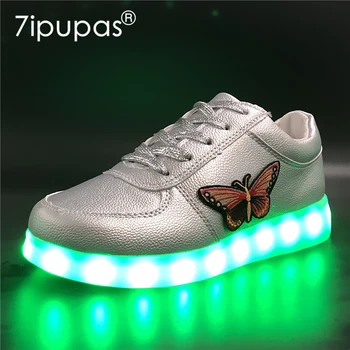 7ipupas 2018, детские серебристые светящиеся кроссовки с вышивкой бабочкой, светящиеся кроссовки, детская обувь со светодиодной подсветкой для мальчика 30-44 лет.