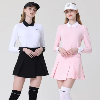 Azureway/ осенне-весенние женские рубашки для гольфа с воротником-молнией, спортивные топы с длинными рукавами, женские плиссированные шорты для гольфа, повседневные юбки, комплект S-2XL