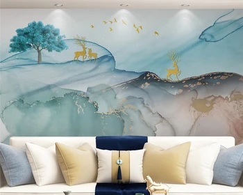beibehang papel de parede На заказ, новый китайский стиль, абстрактный акварельный пейзаж, дерево, лось, свет, роскошные обои для телевизора