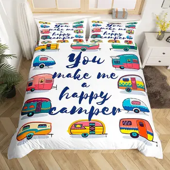 Camper Car King Queen Пододеяльник Мультяшный набор постельного белья для кемпинга для детей, мальчиков и девочек, Игрушечный лагерь для путешествий, Rv, 3 шт., полиэфирное Стеганое одеяло, 3 шт.,