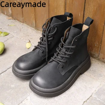 Careaymade-Повседневные короткие ботинки из 100% натуральной кожи с большим носком, осенние винтажные женские ботинки в британском стиле на мягкой подошве