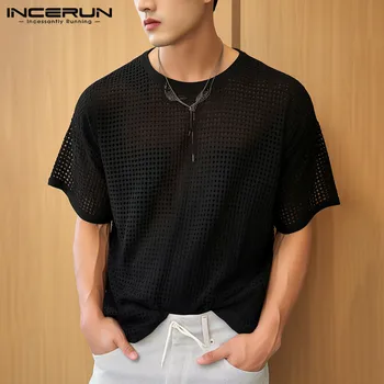 INCERUN Топы 2023, Корейский стиль, Новые мужские клетчатые футболки с полым дизайном, повседневные модные однотонные футболки с круглым вырезом и короткими рукавами, Camiseta S-5XL