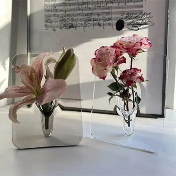 Ins Прозрачная акриловая ваза-фоторамка Минималистичная и художественная Прямоугольная ваза для цветов Современная гостиная Офисная ваза Украшения для дома