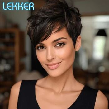 Lekker Wear to go, коричневые парики из волнистых человеческих волос с короткой стрижкой Пикси Для женщин, Бразильские парики из волос Remy с боковыми частями