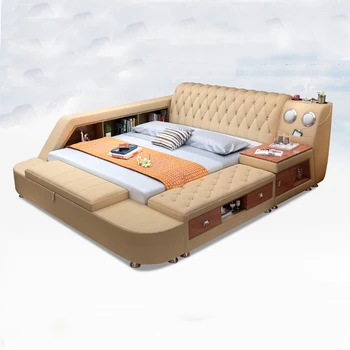 Linlamlim Высокотехнологичная умная кровать с массажем, динамиком и сейфом, многофункциональные кровати-татами из натуральной кожи, мебель для спальни