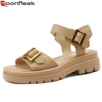 MoonMeek 2023, Новые летние сандалии из натуральной кожи, женские простые женские туфли на платформе с пряжкой, сандалии на среднем квадратном каблуке.