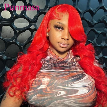 Punmasa Highlight Парики из человеческих волос с красной объемной волной, прозрачные кружевные парики спереди для чернокожих женщин, предварительно выщипанный парик размером 200% 13X4 спереди