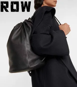 ROW2023 Женская сумка, открывающаяся и закрывающаяся на шнурке, рюкзак из черной воловьей кожи, модный рюкзак