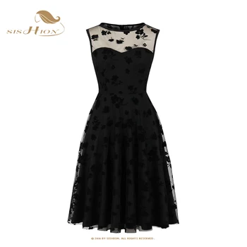 SISHION Летние Сетчатые платья с цветочной вышивкой Элегантные Женские черные платья с высокой талией без рукавов Трапециевидное вечернее платье VD2989