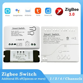 Zigbee Приемник Гаражных ворот Tuya 1/2/4CH RF Smart Switch 7-32 В 85-250 В Реле 10A 433 МГц Пульт Дистанционного Управления Выключателем Света