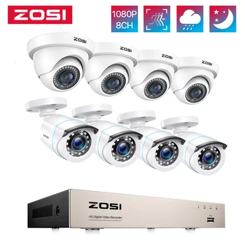 ZOSI 8CH 1080p Система Камер Безопасности 8-канальный 5-мегапиксельный Видеорегистратор Lite HD-TVI 8шт Комплект Камер Наружного наблюдения CCTV 2MP HD