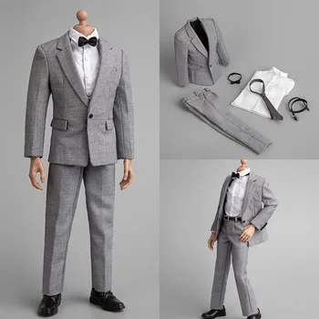 ZY5038 1/6 Мужской серый костюм Модель Рубашка Брюки с галстуком Комплект одежды Кожаная обувь Полый аксессуар для 12-дюймовой фигурки солдата