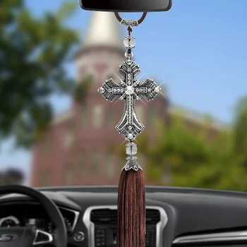 Автомобильный Подвесной Крест из металла и кристаллов, Крест Иисуса Христа, Зеркало заднего вида для авто, Подвесные Украшения, Аксессуары для авто