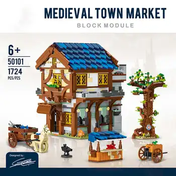 Архитектурная серия Medieval Town Market Street View, сборка подвесных строительных блоков из мелких частиц, модели игрушек высокой сложности