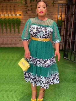 Африканские свадебные платья для женщин, осеннее элегантное Африканское платье с круглым вырезом и рукавом 3/4, зеленое, черное, белое платье, Африканская одежда L-3XL
