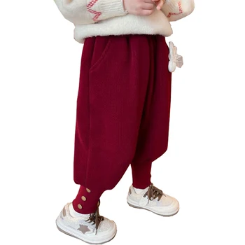 Бархатные леггинсы для девочек, брюки 2023, Новые детские повседневные зимние штаны с поясом, милые черно-красные брюки-пиджаки в Корейском стиле