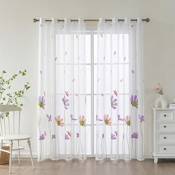 Белая прозрачная занавеска с цветочным рисунком для окна гостиной, занавеска с вышитым тюлем, Занавески из вуали, панель для обработки окон спальни, Домашняя