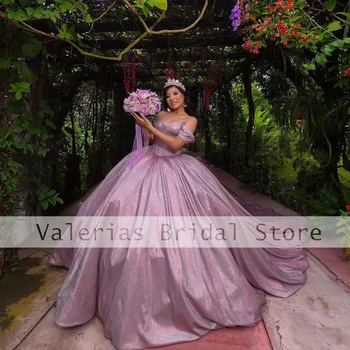 Блестящее фиолетовое пышное платье для милых 16 девочек, бальное платье принцессы с открытыми плечами, 15 платьев для дня рождения и выпускного бала