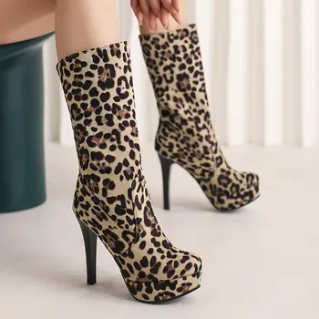 Большие размеры 34-43, Леопардовые Пикантные Носки-стрейч, Пинетки На платформе С круглым носком, Женские ботинки на очень Тонком высоком каблуке до середины икры