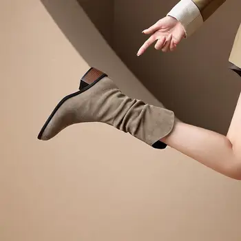 Ботинки Ботинки средней длины Новые Весна и осень 2023 г. Однотонные удобные короткие сапоги в стиле Вестерн на толстом каблуке Ковбойские сапоги
