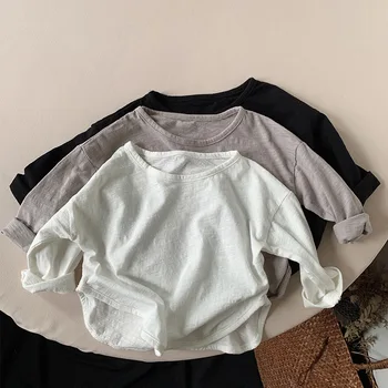 Весенне-осенние однотонные футболки из чистого хлопка для девочек и мальчиков, кавайные топы, майка, пуловер с длинными рукавами, модная детская одежда