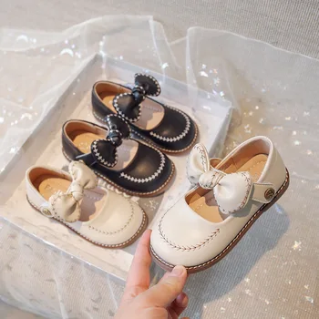 Весенне-осенняя кожаная обувь для девочек с бантиком, милая принцесса, Мягкие удобные детские туфли на плоской подошве, детская обувь высокого качества21-33
