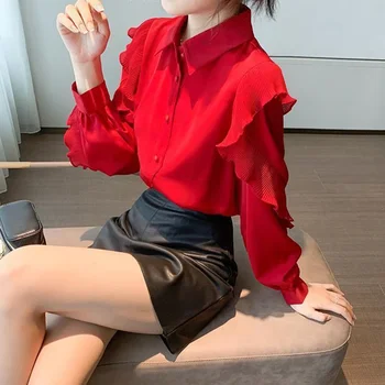 Весенне-осенняя Красная Элегантная Модная рубашка с длинными рукавами и оборками, топ, женский кардиган-поло с вырезом лодочкой, Темпераментная блузка, Универсальная блузка X708