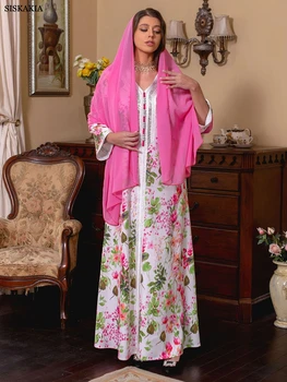 Весенние длинные платья с этническим цветочным принтом, модные бриллианты, кружевное платье с V-образным вырезом и лентой, Ид Мубарак, Скромная одежда для женщин