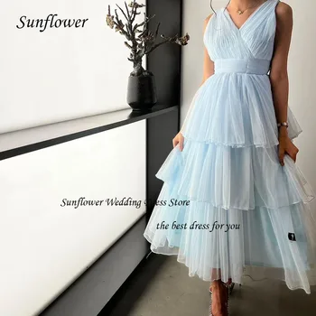 Вечернее платье Sunflower Simple с V-образным вырезом 2023, тонкие платья из арабского многоярусного тюля трапециевидной формы длиной до щиколоток, высококачественные вечерние платья на заказ