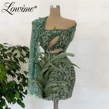 Вечернее платье из мини-перьев зеленого цвета с кристаллами ручной работы, блестящие пайетки на одно плечо, вечернее платье для коктейлей на выпускной 2023