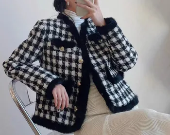 Винтажная клетчатая куртка, женское укороченное пальто в стиле пэчворк, зимняя Корейская элегантная толстая теплая короткая верхняя одежда