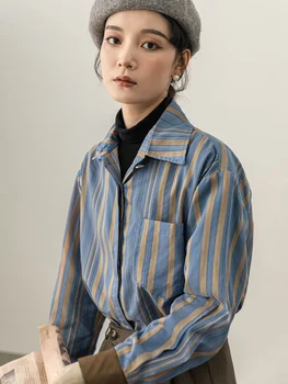 Винтажная рубашка в полоску в стиле Харадзюку, женская Корейская повседневная высококачественная блузка, Новинка Весны, Офисные Женские универсальные топы с длинными рукавами