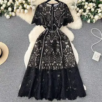 Винтажное однотонное кружевное лоскутное черное платье с круглым вырезом, высокой талией и коротким рукавом, женское шикарное летнее праздничное платье 2023