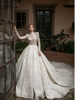 Винтажное свадебное платье трапециевидной формы с аппликацией из блесток, высокий воротник, шлейф с длинным рукавом, роскошное свадебное платье Robe De Mariée, сшитое на заказ