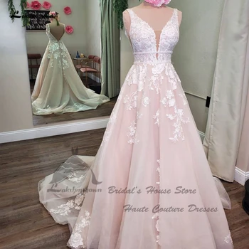Винтажные розовые свадебные платья для женщин 2023 Vestidos с V-образным вырезом и открытой спиной, свадебные платья в стиле бохо с кружевными аппликациями и пайетками