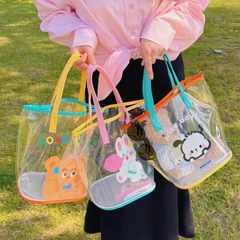 Вместительная Летняя Женская Желеобразная Прозрачная сумка для покупок, Мультяшный Кролик, Медведь, Собака, Пляжные сумки для пикника для девочек, Женская сумка