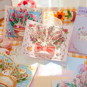 Всплывающая развлекательная открытка с цветком и кроликом, Милая открытка на день рождения, подарки, благодарственная открытка с конвертом