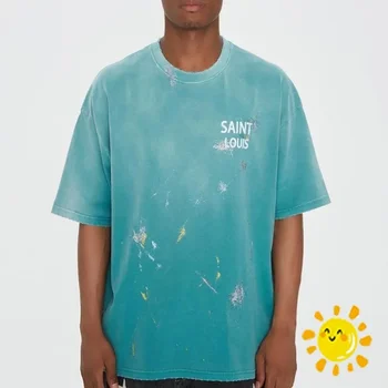 Высококачественная футболка Saint Louis, окрашенная в цвет 1:1, с граффити, винтажная синяя футболка Saint Michael, повседневная футболка