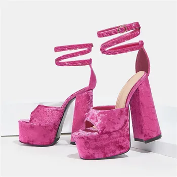 Готические женские Босоножки на высоком массивном каблуке с открытым носком, Бархатные Гладиаторские туфли-лодочки на платформе, Дизайнерские Свадебные туфли на розовой толстой подошве