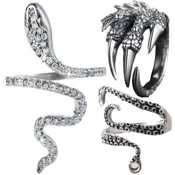 Готическое кольцо с осьминогом из старинного серебра, Нержавеющая сталь, Винтажный Коготь Дракона, горный хрусталь, Хрустальная Змея, Открытые Регулируемые кольца