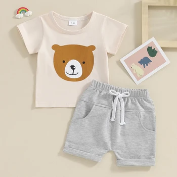 Детская одежда из 2 предметов, рубашка с короткими рукавами и эластичными шортами с медвежьим принтом, комплект милой летней одежды для маленьких девочек и мальчиков